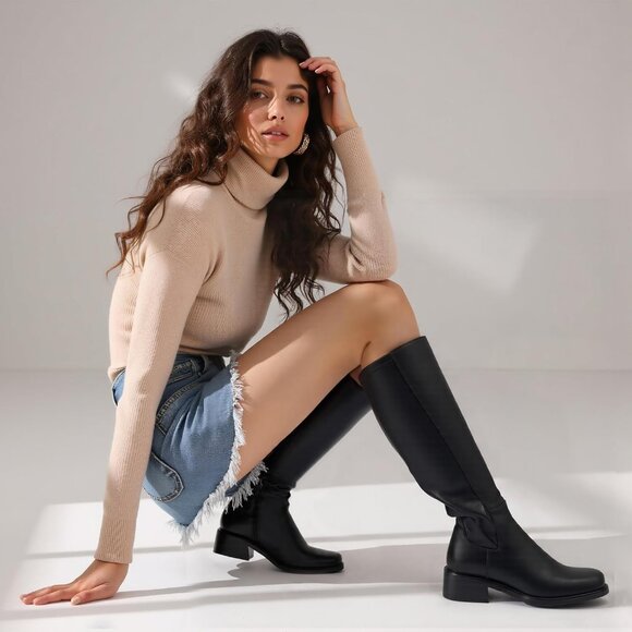 Elegant Black Faux Leather Knee High Boots with Low Heels and Side Zipper - Picture 5 of 7